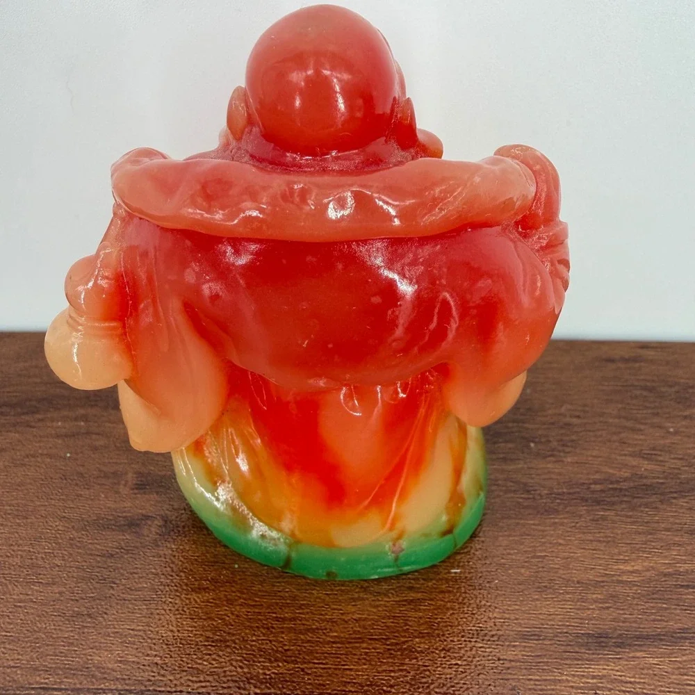 VTG 90s Fire Red & Green Translucent Resin Buddha Ogi Fan‎ & Wu Lou 3.75